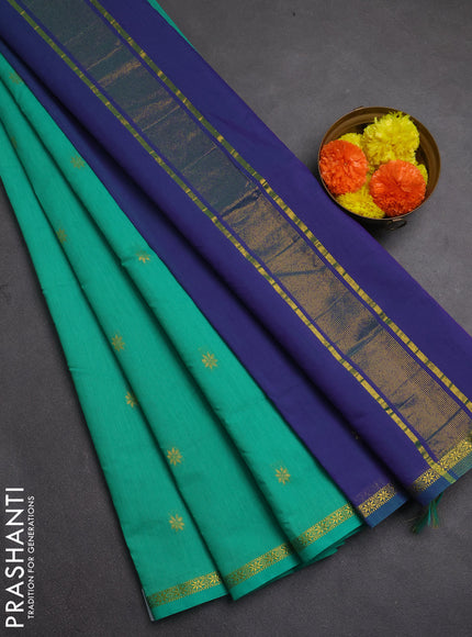 Semi maheswari cotton saree teal green and violet shade with allover zari woven buttas and small zari woven border