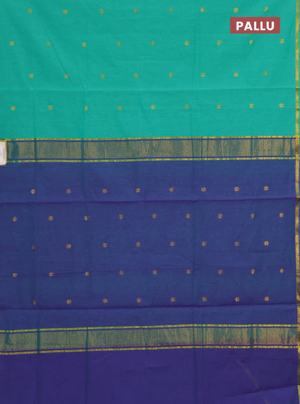 Semi maheswari cotton saree teal green and violet shade with allover zari woven buttas and small zari woven border