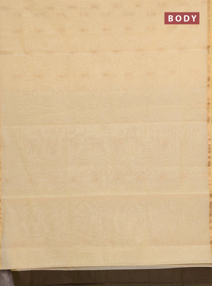 Semi maheswari cotton saree pale yellow and olive green with allover zari woven buttas and small zari woven border