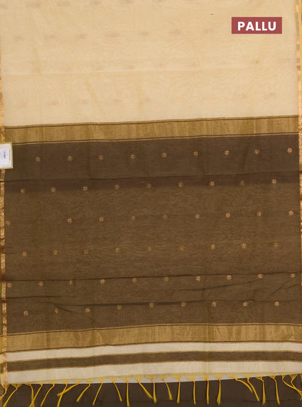 Semi maheswari cotton saree pale yellow and olive green with allover zari woven buttas and small zari woven border