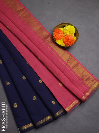 Semi maheswari cotton saree navy blue and pink shade with allover zari woven buttas and small zari woven border