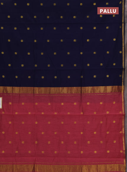 Semi maheswari cotton saree navy blue and pink shade with allover zari woven buttas and small zari woven border