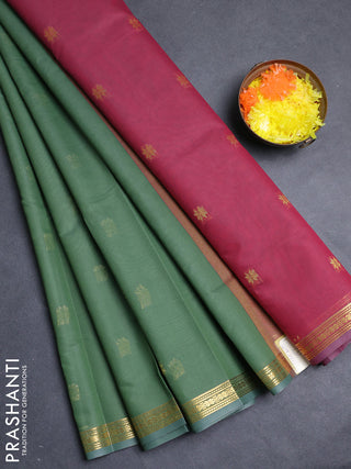 Semi maheswari cotton saree green and maroon with allover zari woven buttas and small zari woven border