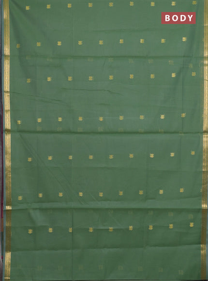 Semi maheswari cotton saree green and maroon with allover zari woven buttas and small zari woven border