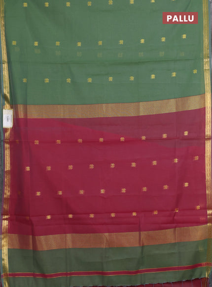 Semi maheswari cotton saree green and maroon with allover zari woven buttas and small zari woven border
