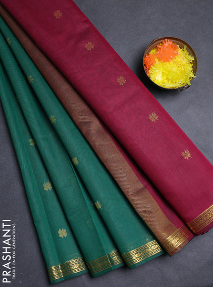 Semi maheswari cotton saree green and deep wine with allover zari woven buttas and small zari woven border