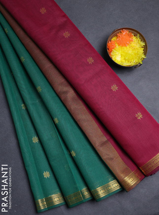 Semi maheswari cotton saree green and deep wine with allover zari woven buttas and small zari woven border