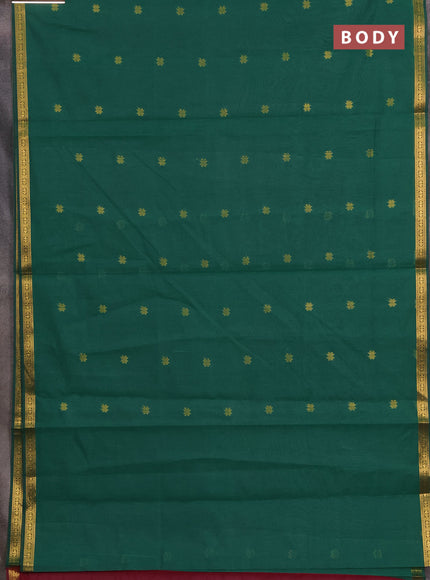 Semi maheswari cotton saree green and deep wine with allover zari woven buttas and small zari woven border