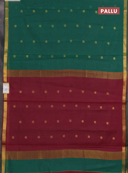 Semi maheswari cotton saree green and deep wine with allover zari woven buttas and small zari woven border