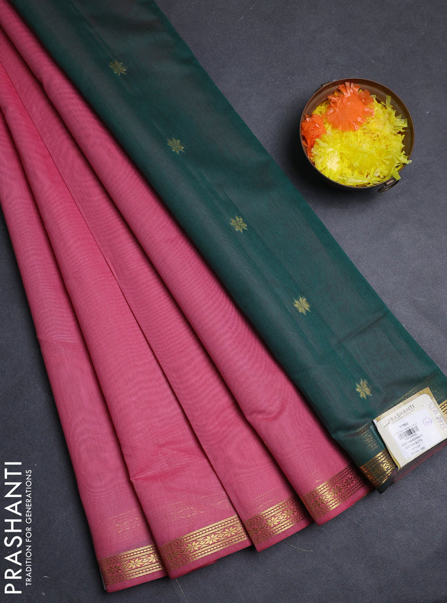 Semi maheswari cotton saree peach pink and green with allover zari woven buttas and small zari woven border
