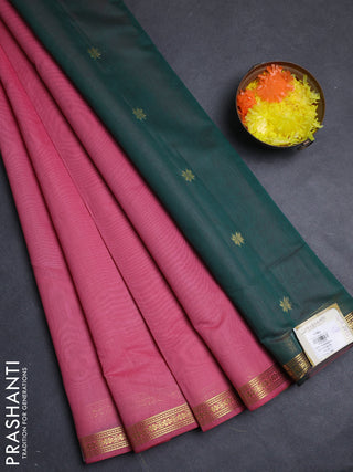 Semi maheswari cotton saree peach pink and green with allover zari woven buttas and small zari woven border