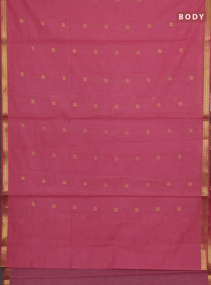Semi maheswari cotton saree peach pink and green with allover zari woven buttas and small zari woven border