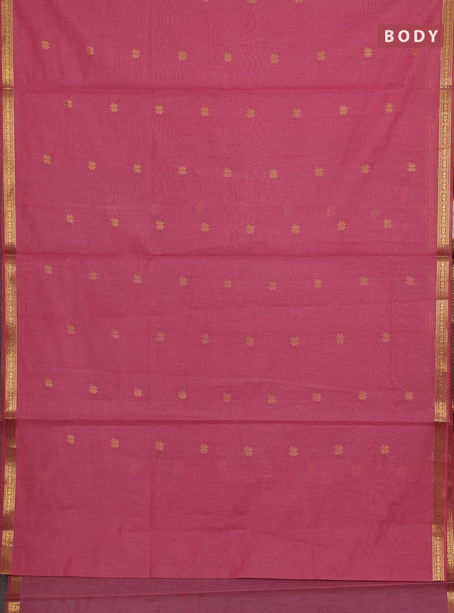 Semi maheswari cotton saree peach pink and green with allover zari woven buttas and small zari woven border