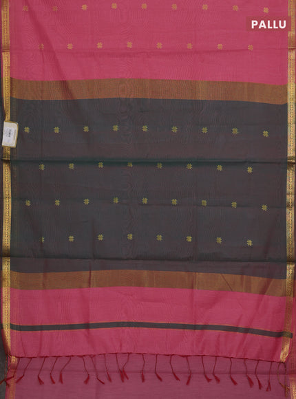 Semi maheswari cotton saree peach pink and green with allover zari woven buttas and small zari woven border