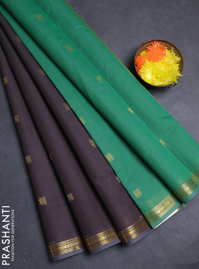 Semi maheswari cotton saree grey and green with allover zari woven buttas and small zari woven border