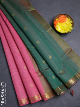 Semi maheswari cotton saree peach pink and green with allover zari woven buttas and small zari woven border