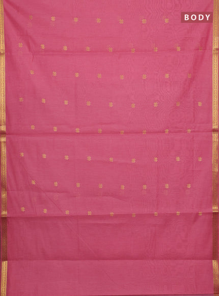 Semi maheswari cotton saree peach pink and green with allover zari woven buttas and small zari woven border