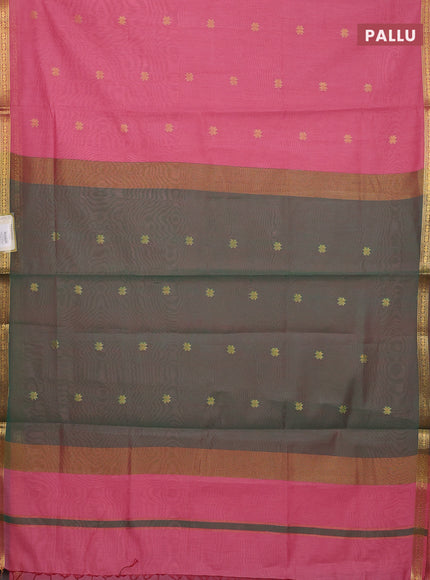 Semi maheswari cotton saree peach pink and green with allover zari woven buttas and small zari woven border