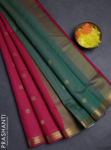 Semi maheswari cotton saree pink and green with allover zari woven buttas and small zari woven border