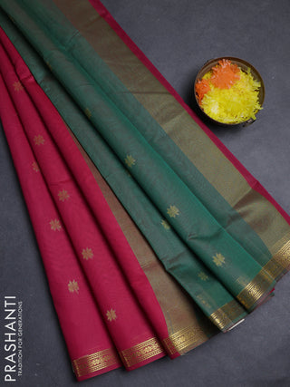 Semi maheswari cotton saree pink and green with allover zari woven buttas and small zari woven border