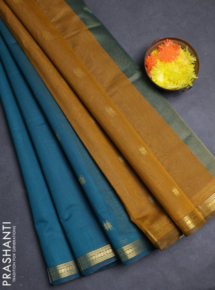 Semi maheswari cotton saree peacock green and mustard yellow with allover zari woven buttas and small zari woven border