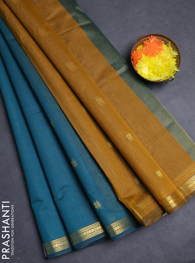 Semi maheswari cotton saree peacock green and mustard yellow with allover zari woven buttas and small zari woven border