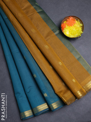 Semi maheswari cotton saree peacock green and mustard yellow with allover zari woven buttas and small zari woven border