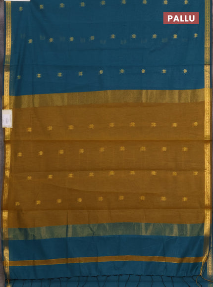 Semi maheswari cotton saree peacock green and mustard yellow with allover zari woven buttas and small zari woven border