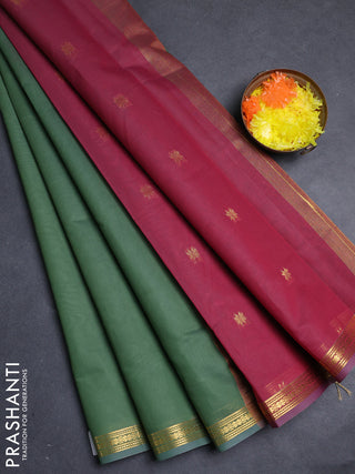 Semi maheswari cotton saree green and maroon with allover zari woven buttas and small zari woven border