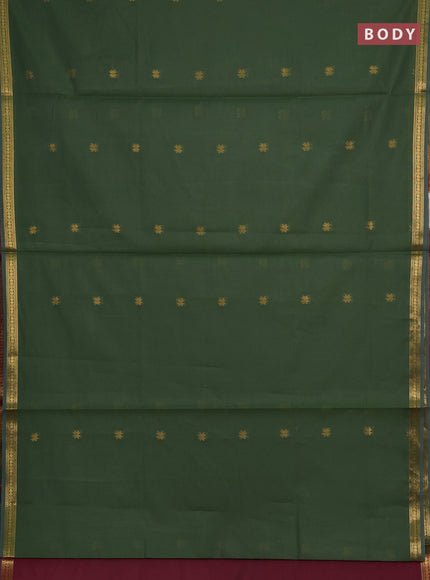 Semi maheswari cotton saree green and maroon with allover zari woven buttas and small zari woven border