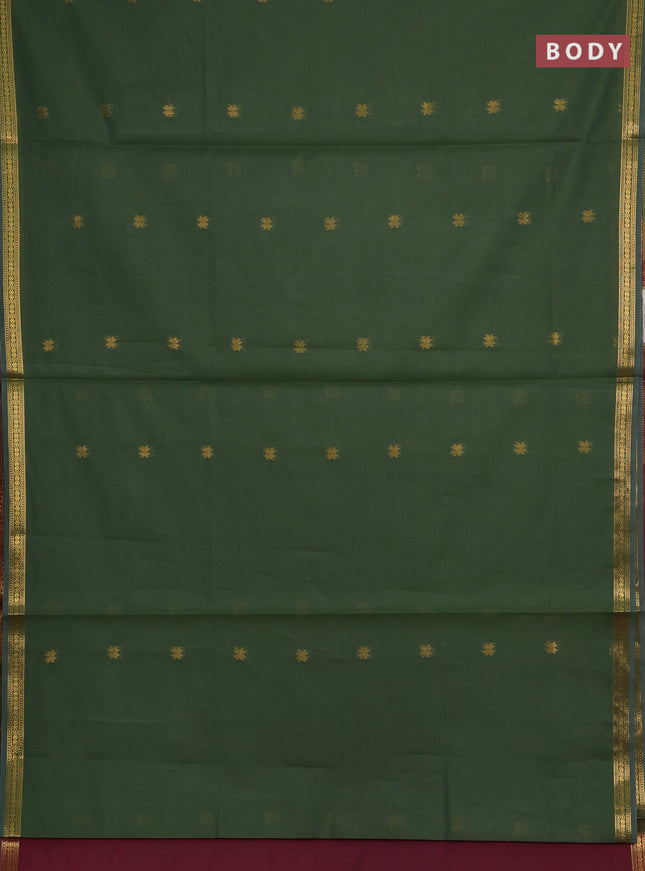 Semi maheswari cotton saree green and maroon with allover zari woven buttas and small zari woven border