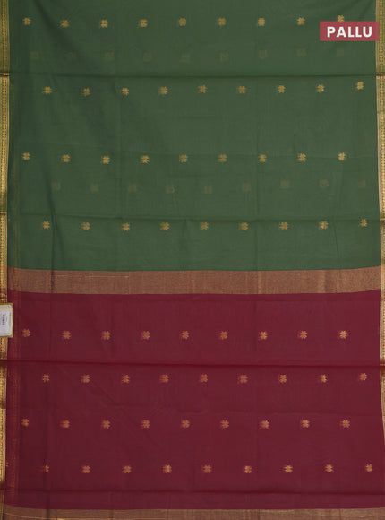 Semi maheswari cotton saree green and maroon with allover zari woven buttas and small zari woven border