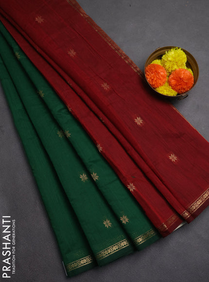Semi maheswari cotton saree dark green and deep maroon with allover zari woven buttas and small zari woven border