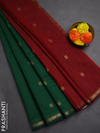 Semi maheswari cotton saree dark green and deep maroon with allover zari woven buttas and small zari woven border