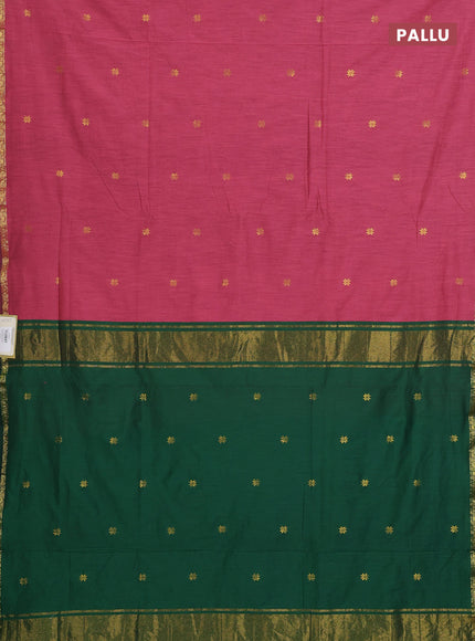 Semi maheswari cotton saree pink and green with allover zari woven buttas and small zari woven border