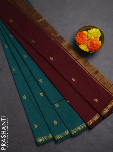 Semi maheswari cotton saree peacock green and deep maroon with allover zari woven buttas and small zari woven border