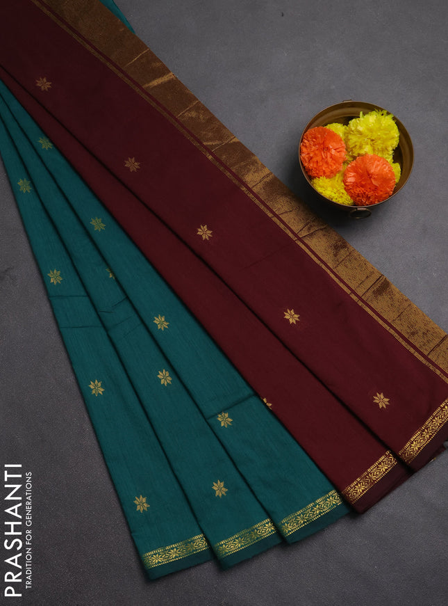 Semi maheswari cotton saree peacock green and deep maroon with allover zari woven buttas and small zari woven border