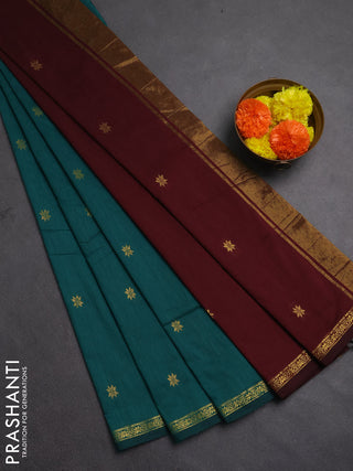 Semi maheswari cotton saree peacock green and deep maroon with allover zari woven buttas and small zari woven border