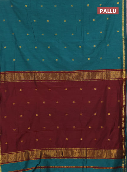 Semi maheswari cotton saree peacock green and deep maroon with allover zari woven buttas and small zari woven border