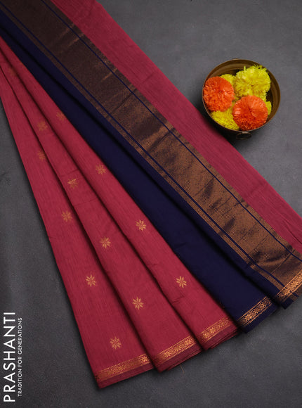Semi maheswari cotton saree pink and navy blue with allover copper zari woven buttas and small copper zari woven border