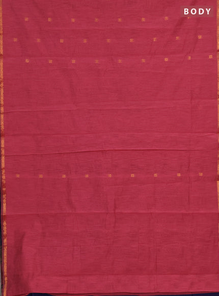Semi maheswari cotton saree pink and navy blue with allover copper zari woven buttas and small copper zari woven border