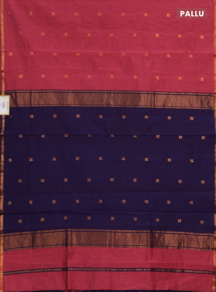 Semi maheswari cotton saree pink and navy blue with allover copper zari woven buttas and small copper zari woven border