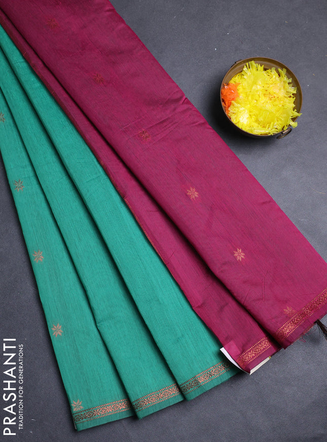 Semi maheswari cotton saree light green and magenta pink with allover copper zari woven buttas and small copper zari woven border