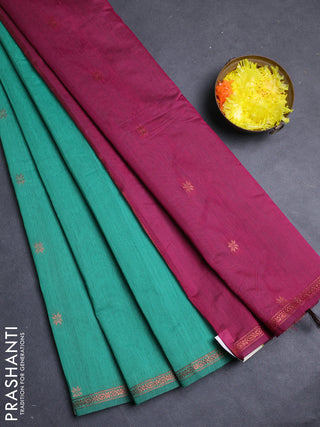 Semi maheswari cotton saree light green and magenta pink with allover copper zari woven buttas and small copper zari woven border