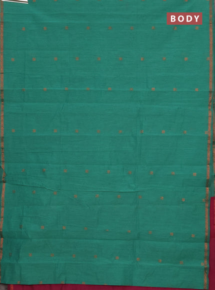 Semi maheswari cotton saree light green and magenta pink with allover copper zari woven buttas and small copper zari woven border