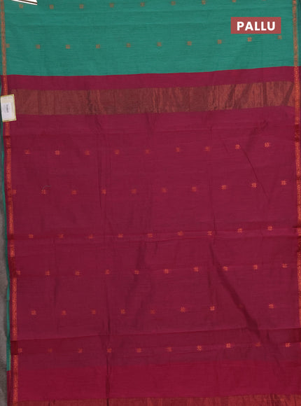 Semi maheswari cotton saree light green and magenta pink with allover copper zari woven buttas and small copper zari woven border