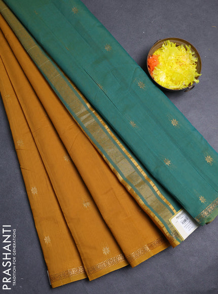 Semi maheswari cotton saree mustard yellow and green with allover zari woven buttas and small zari woven border