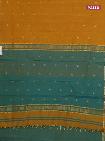 Semi maheswari cotton saree mustard yellow and green with allover zari woven buttas and small zari woven border