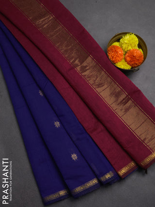 Semi maheswari cotton saree dark magenta pink and blue with allover zari woven buttas and small zari woven border