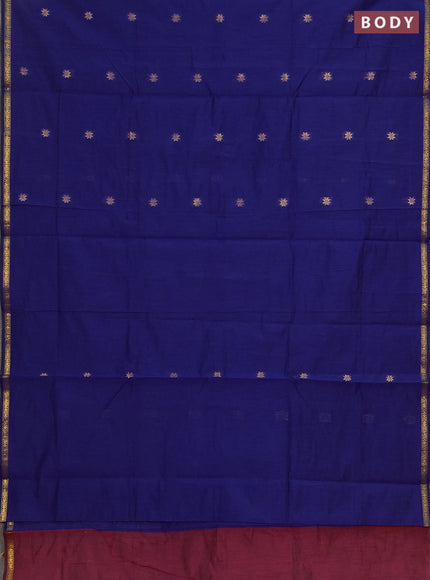 Semi maheswari cotton saree dark magenta pink and blue with allover zari woven buttas and small zari woven border